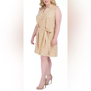 NWT Signature By Robbie Bee Tan Collared Sleeveless polkadot dress 1X Tan White